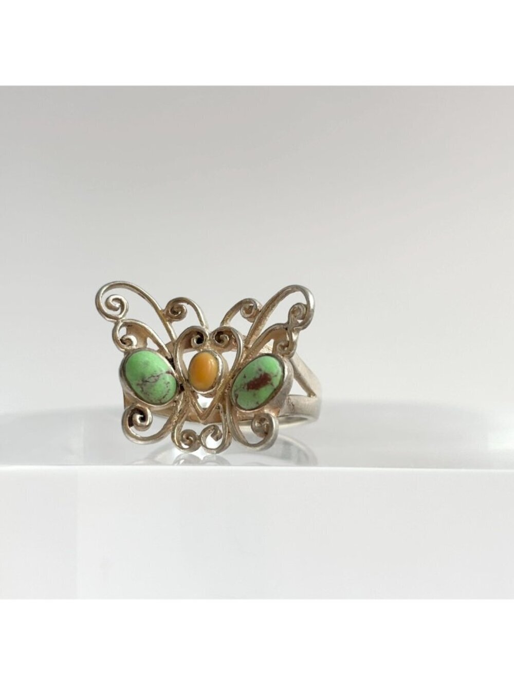 Turquoise & Coral Gemstone Butterfly Sterling Silver 925 Vintage Ring - sz 6.75 - Picture 10 of 16